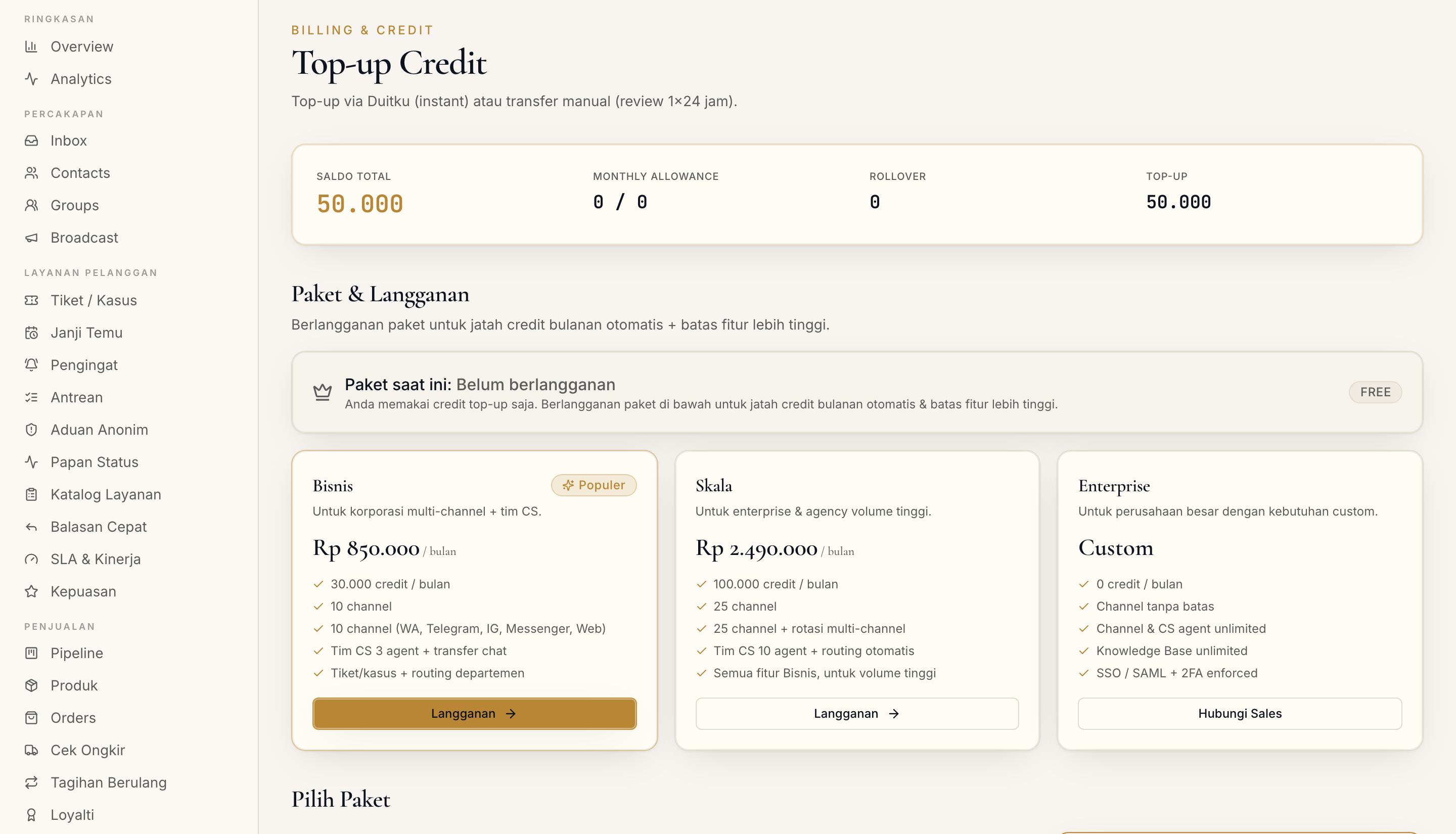 Halaman Billing di dashboard