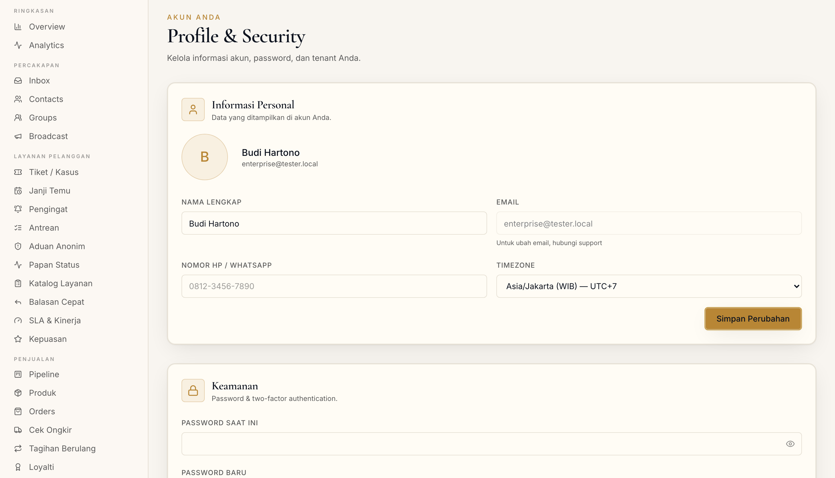 Halaman Profile di dashboard