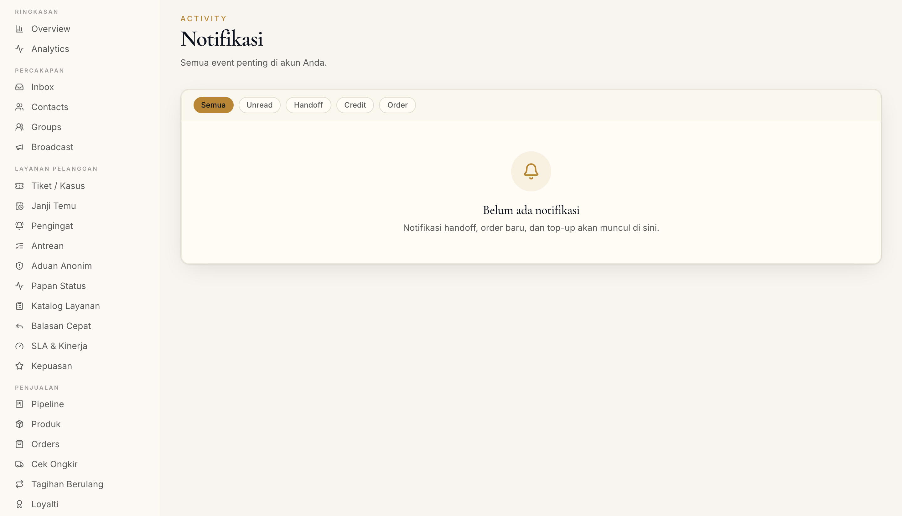 Halaman Notifikasi di dashboard