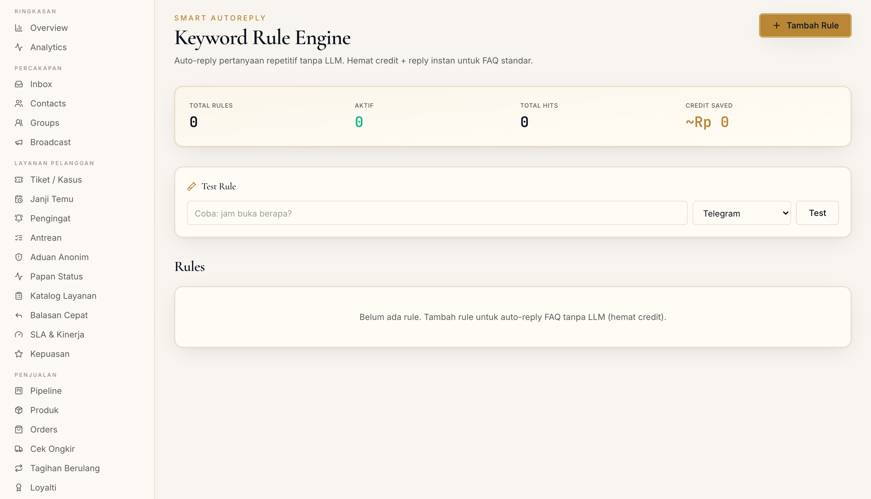 Halaman AutoReply di dashboard