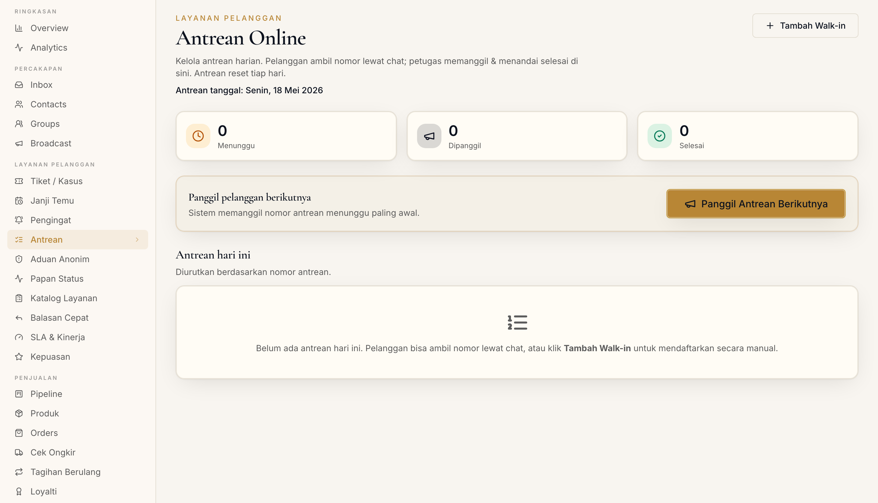 Halaman Antrean di dashboard