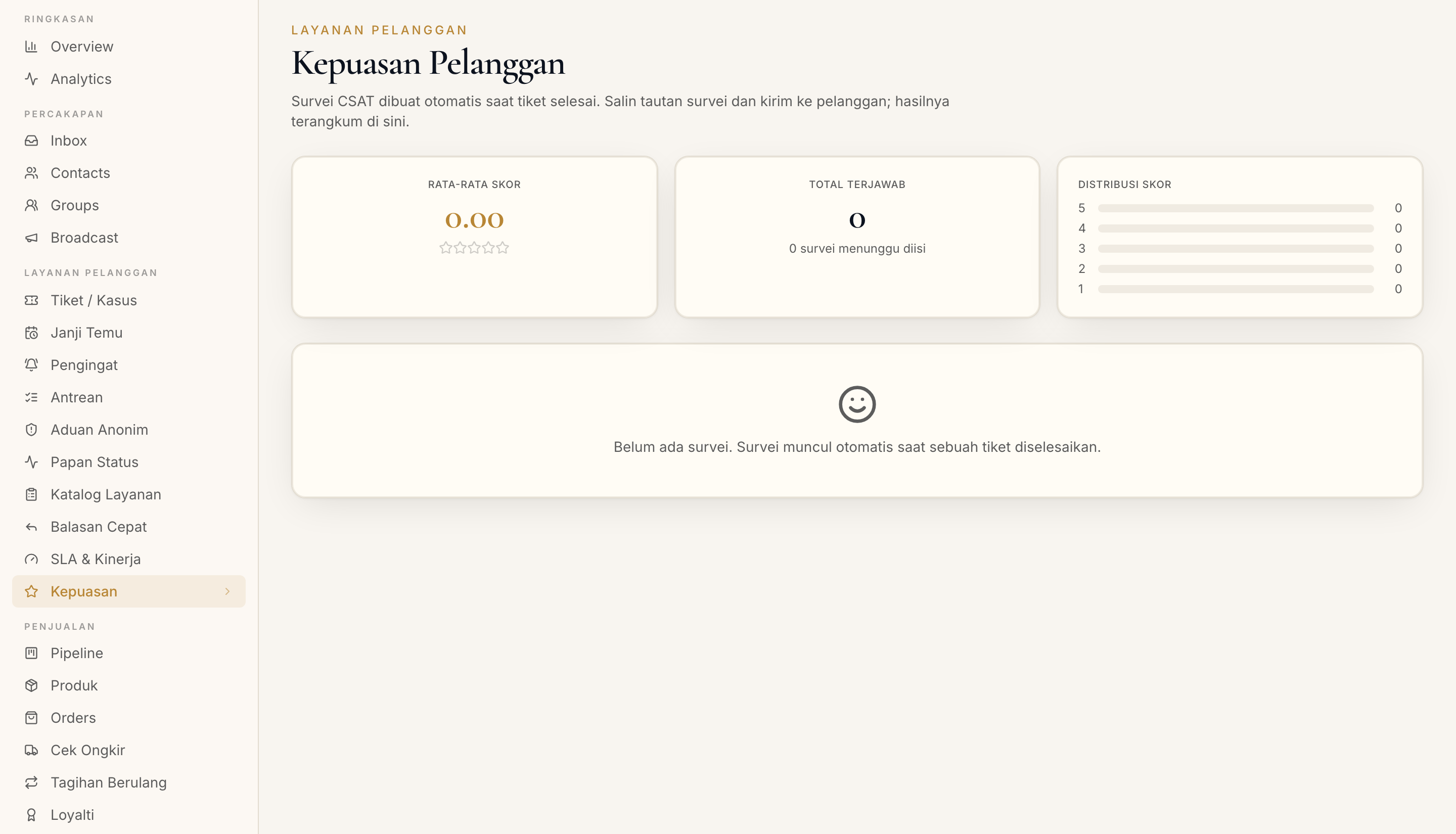 Halaman Kepuasan (CSAT) di dashboard