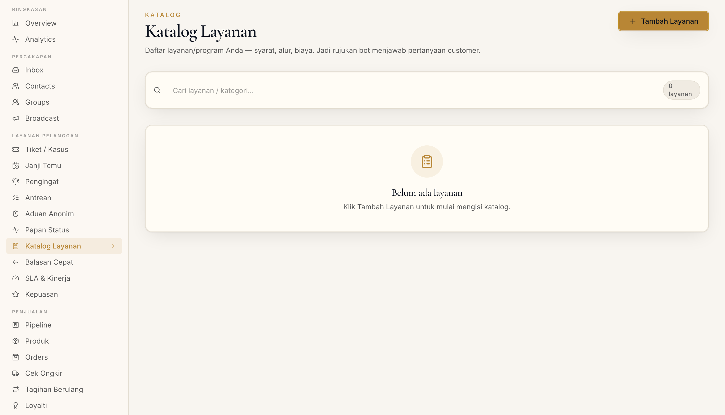 Halaman Katalog Layanan di dashboard