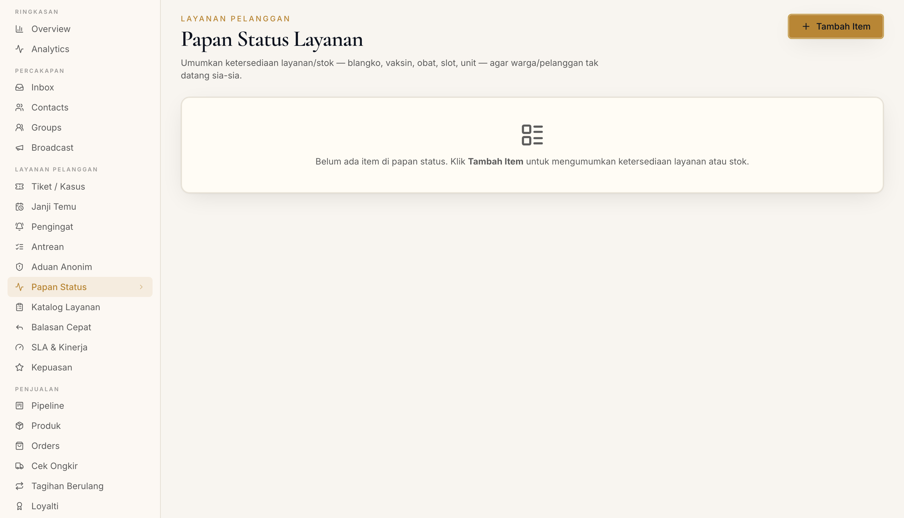 Halaman Papan Status di dashboard