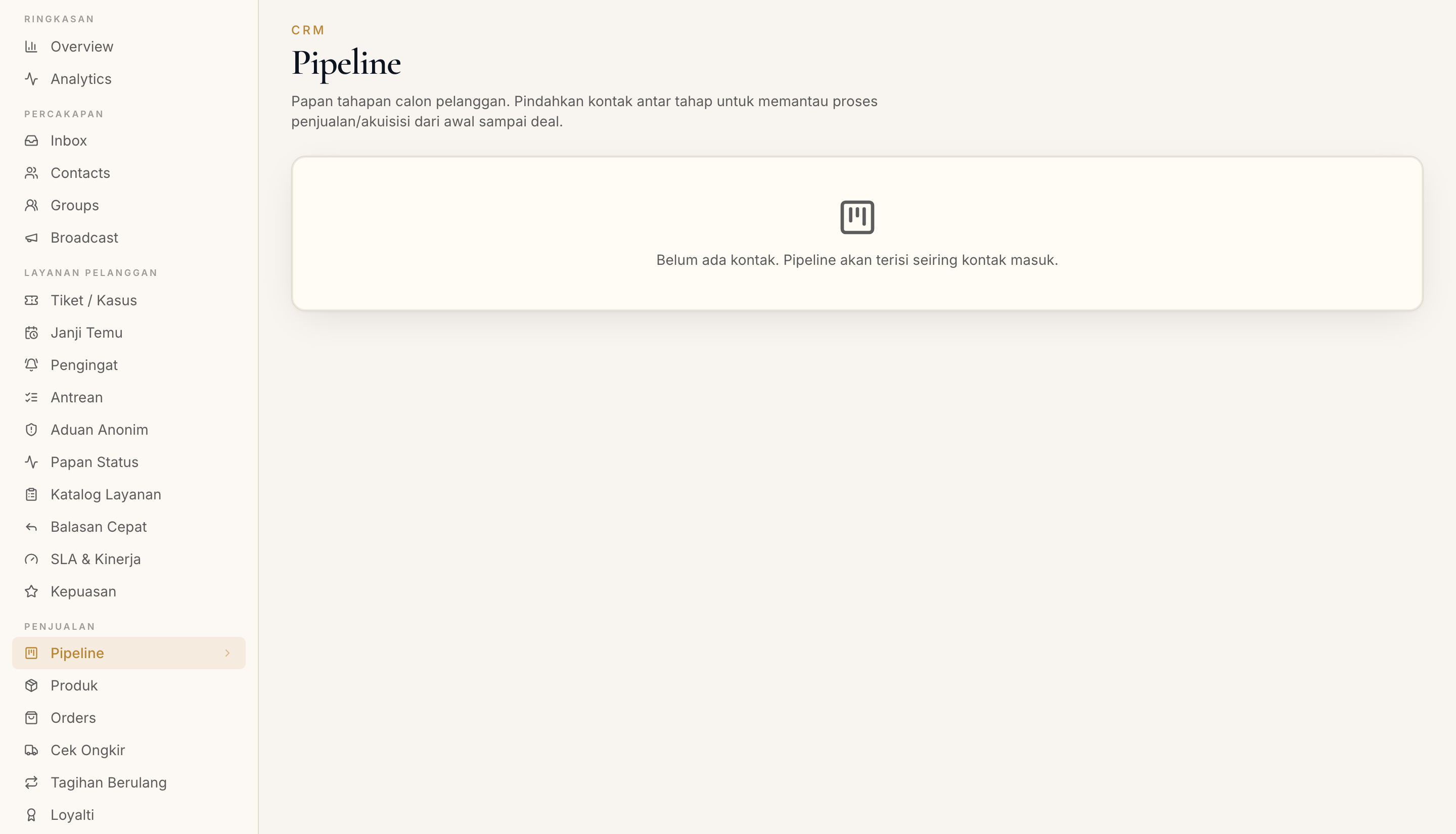Halaman Pipeline di dashboard