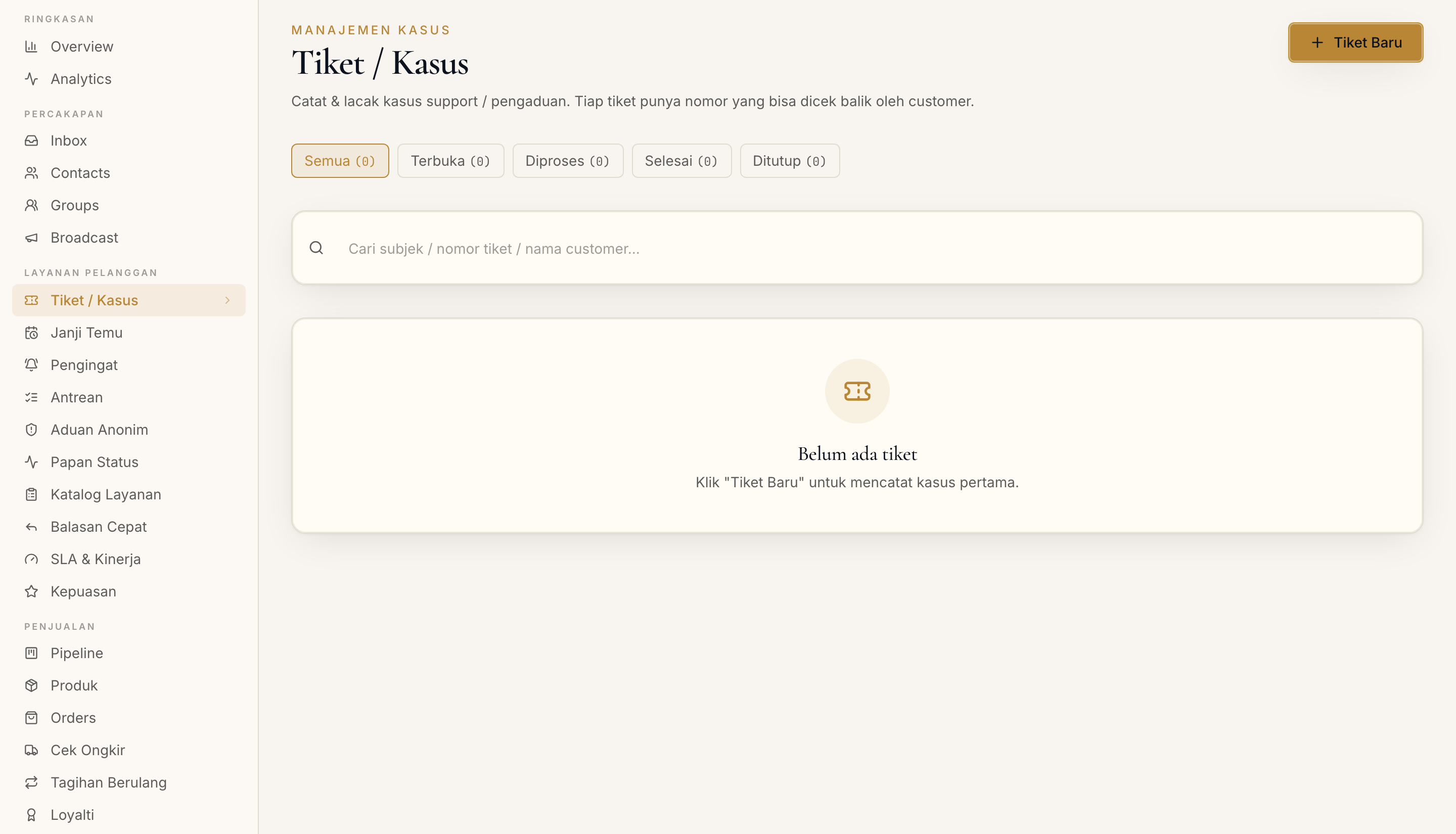 Halaman Tiket di dashboard