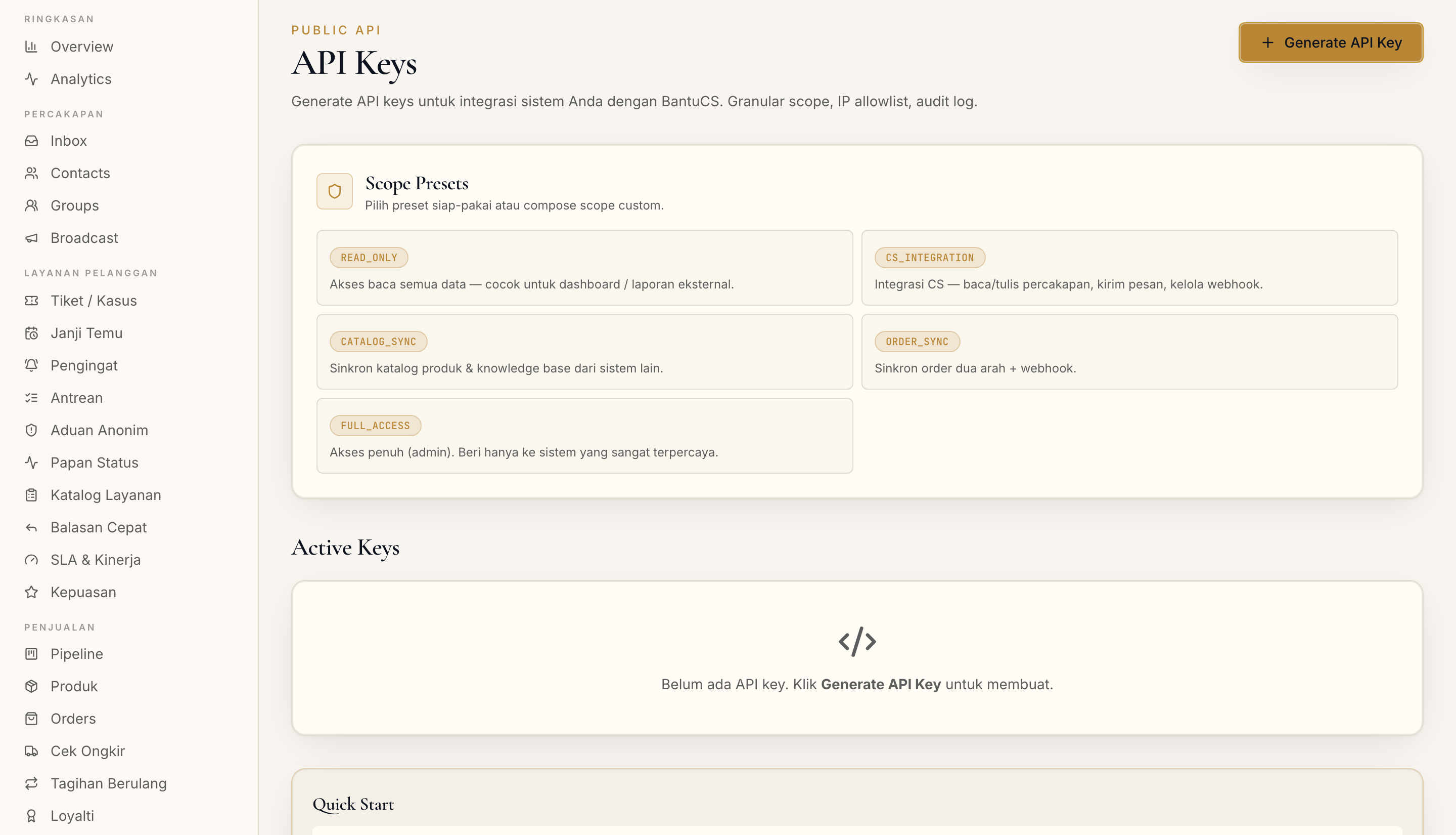 Halaman API Keys di dashboard