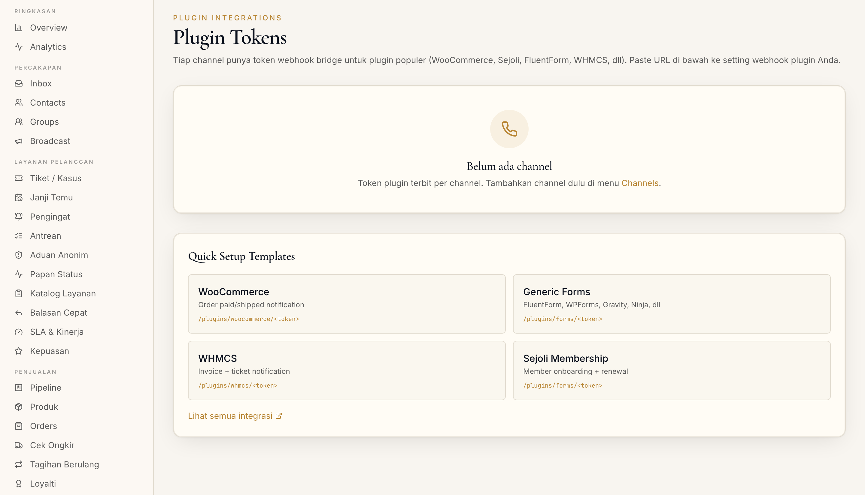 Halaman Plugin Tokens di dashboard
