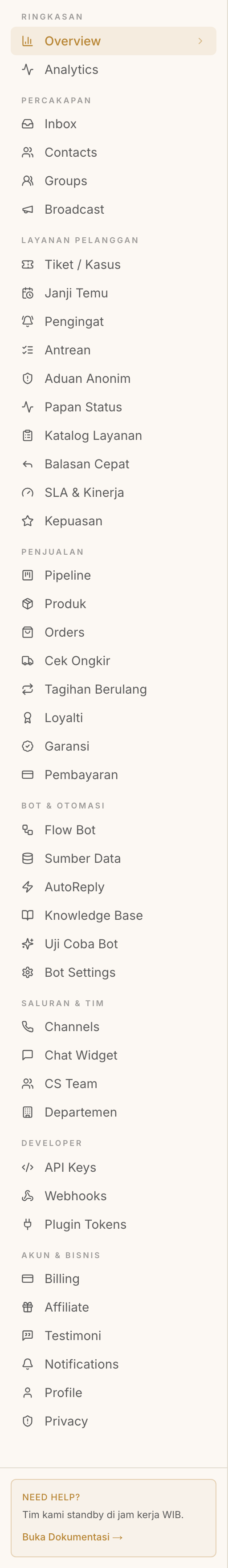 Menu sidebar dashboard