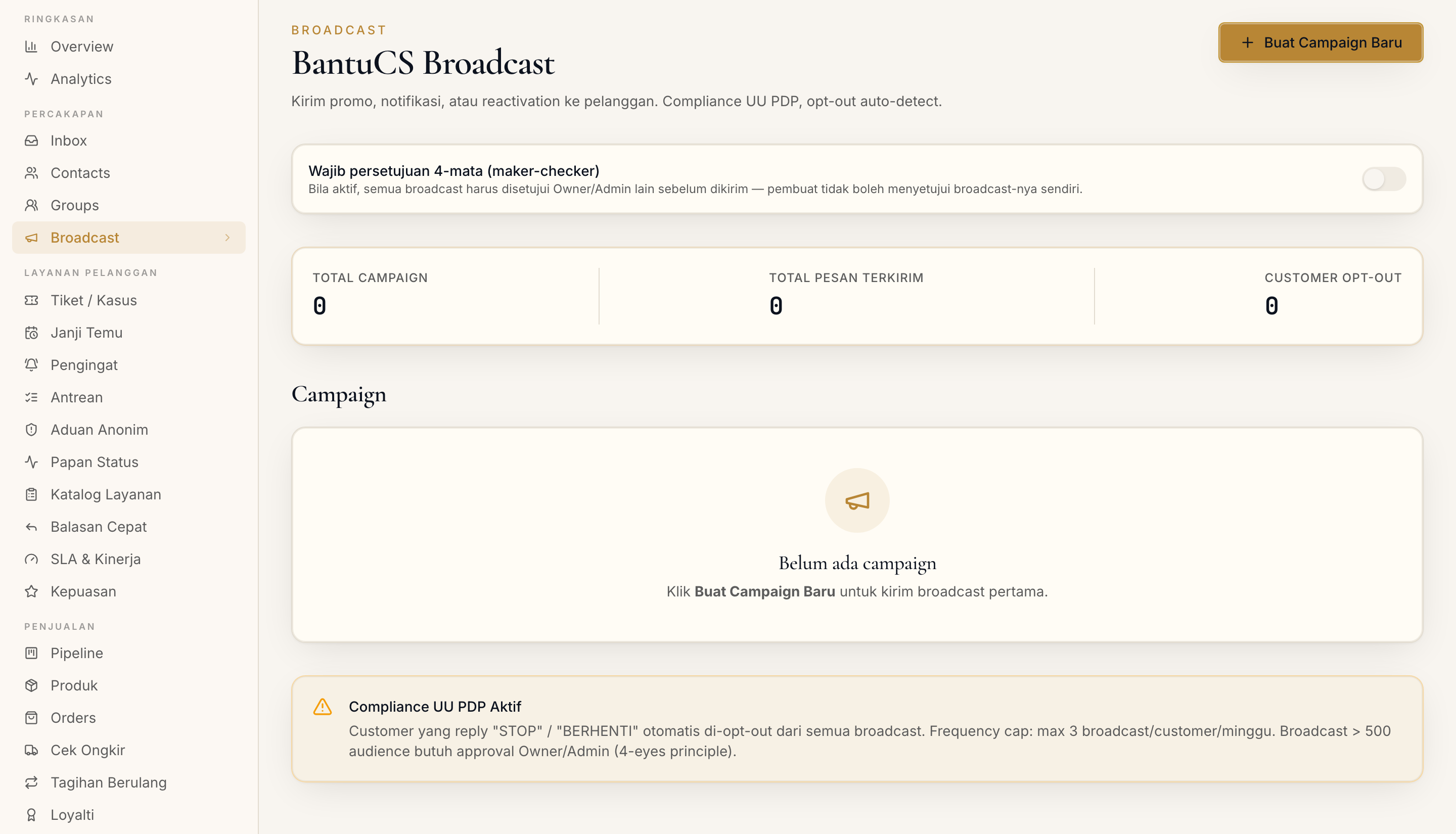 Halaman Broadcast di dashboard