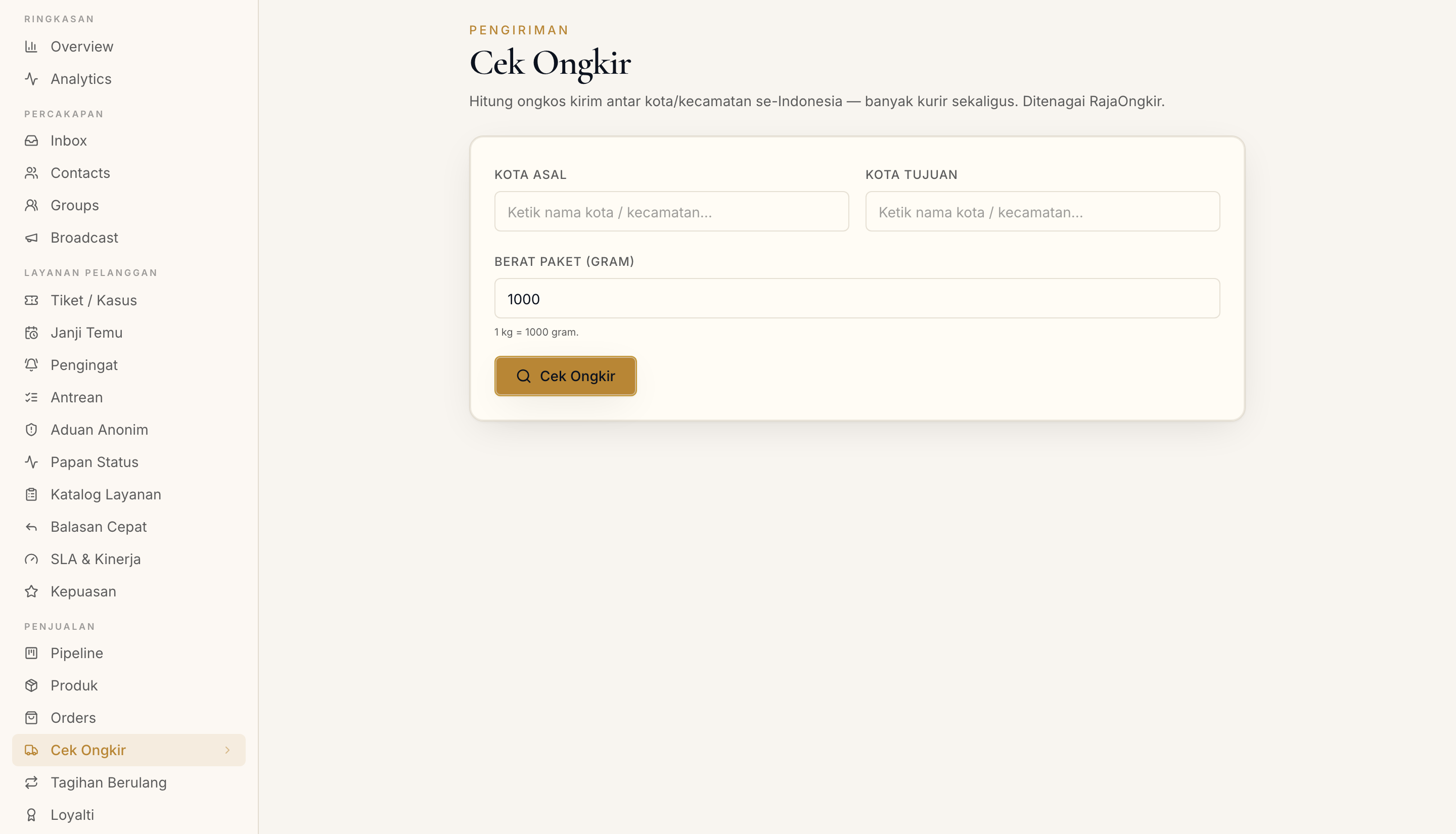 Halaman Cek Ongkir di dashboard