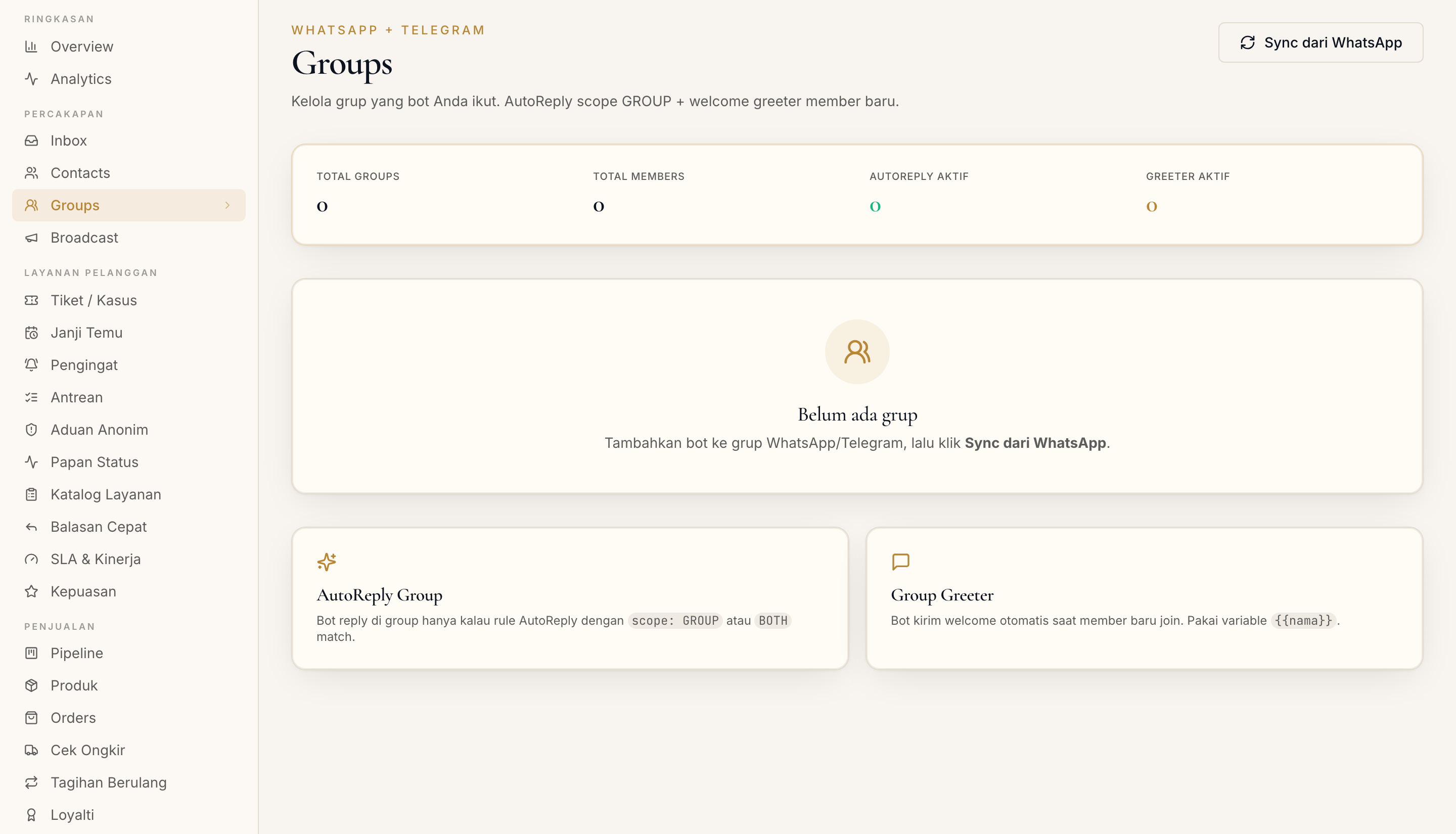 Halaman Groups di dashboard