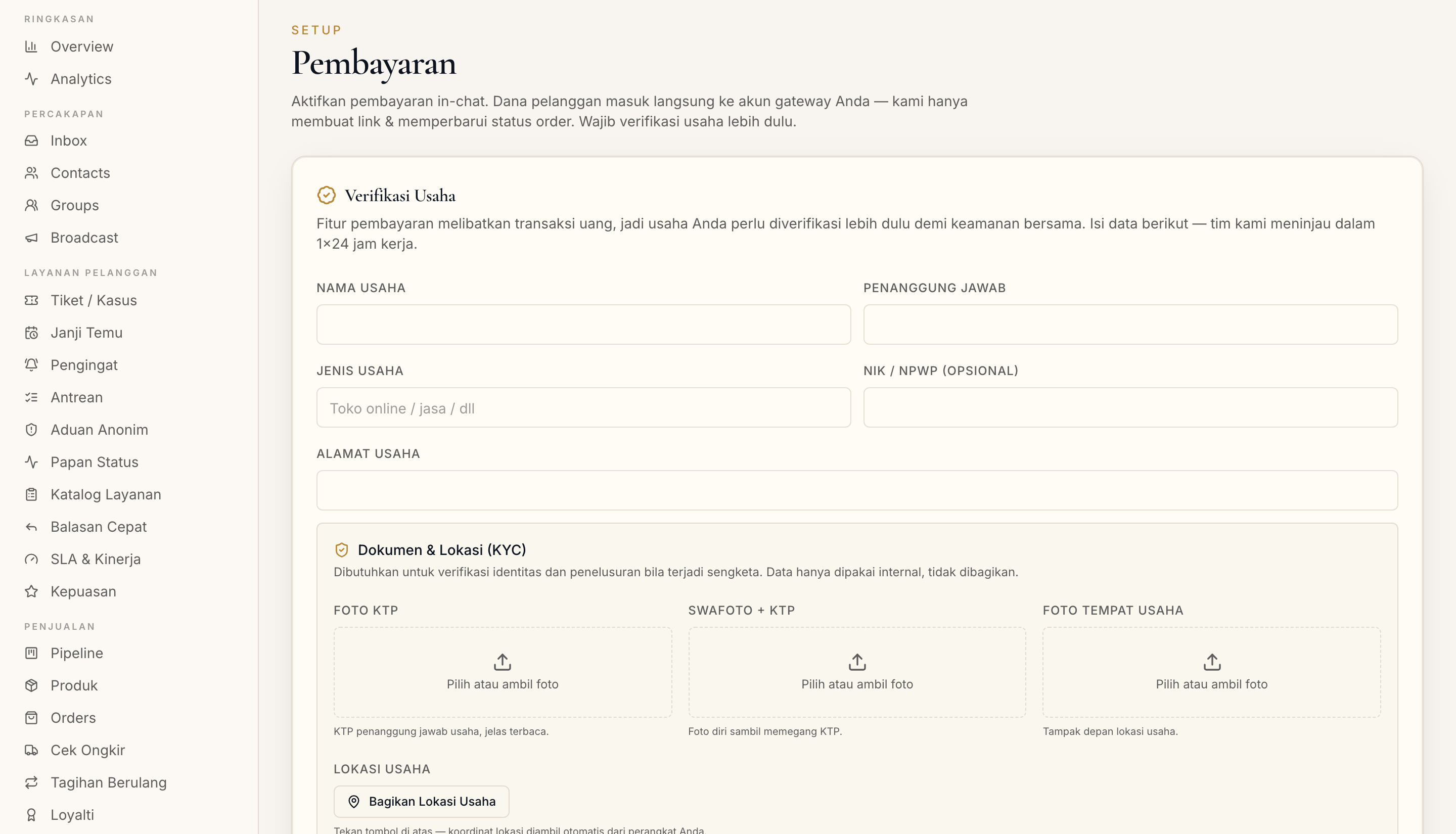 Halaman Verifikasi Usaha di dashboard