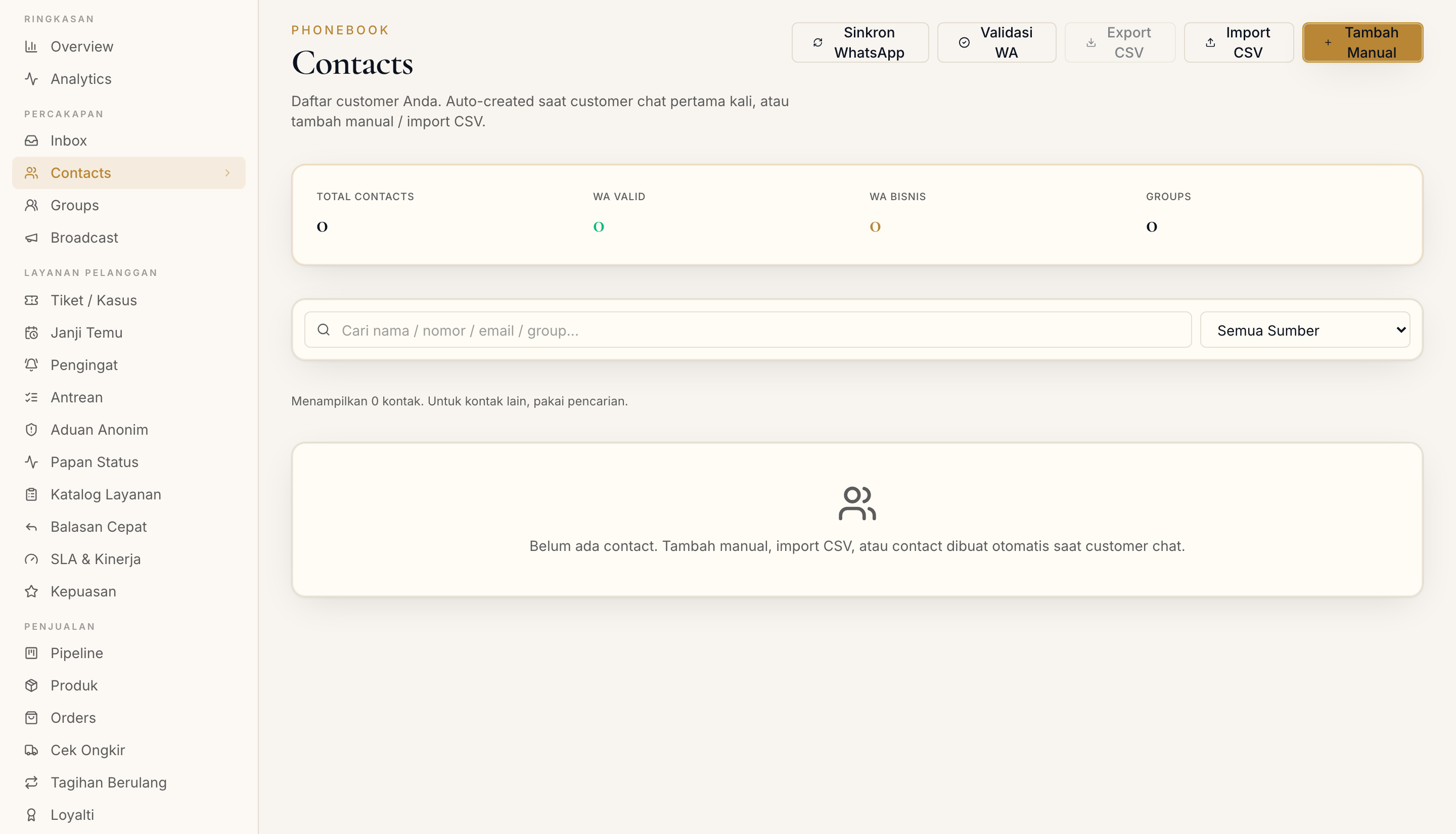 Halaman Contacts di dashboard