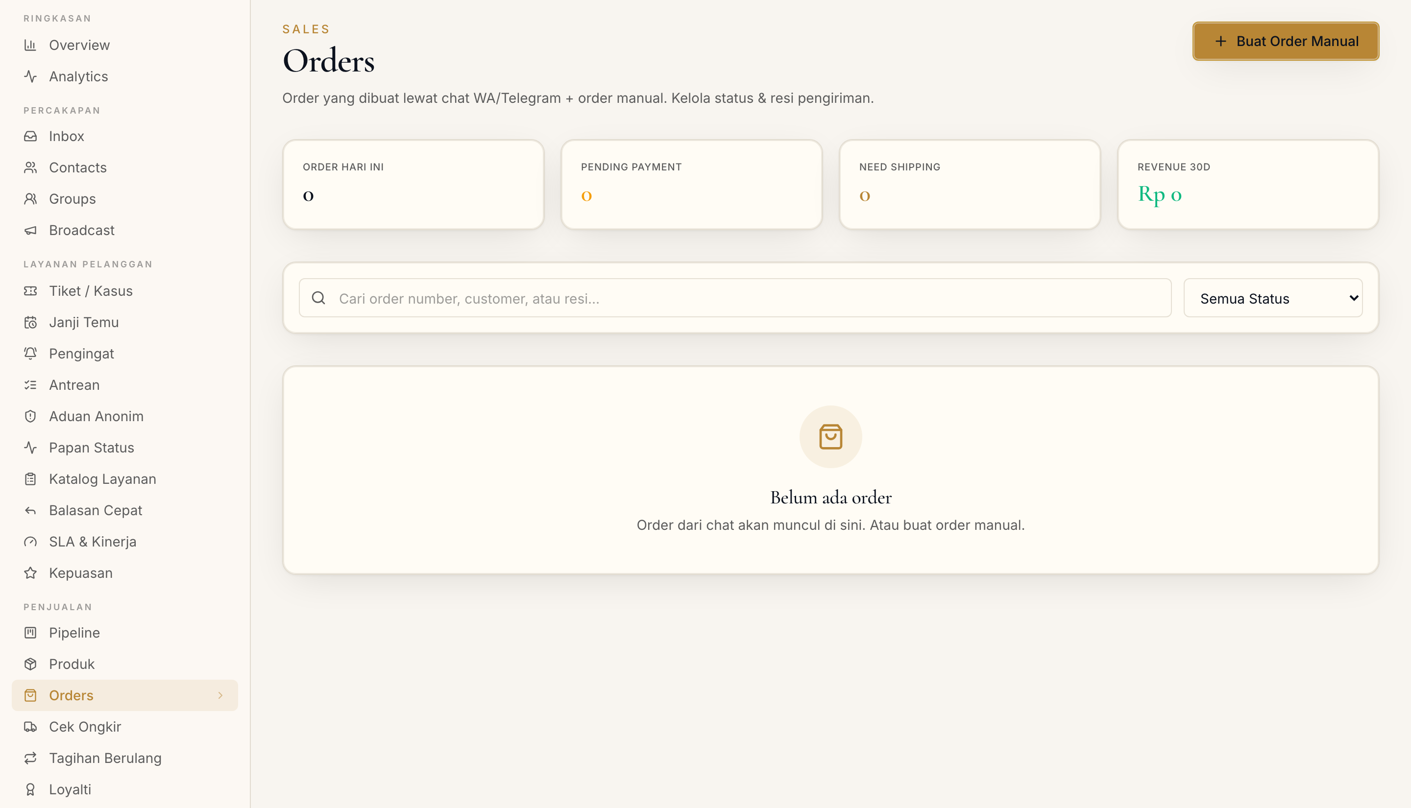 Halaman pelacakan pesanan di dashboard