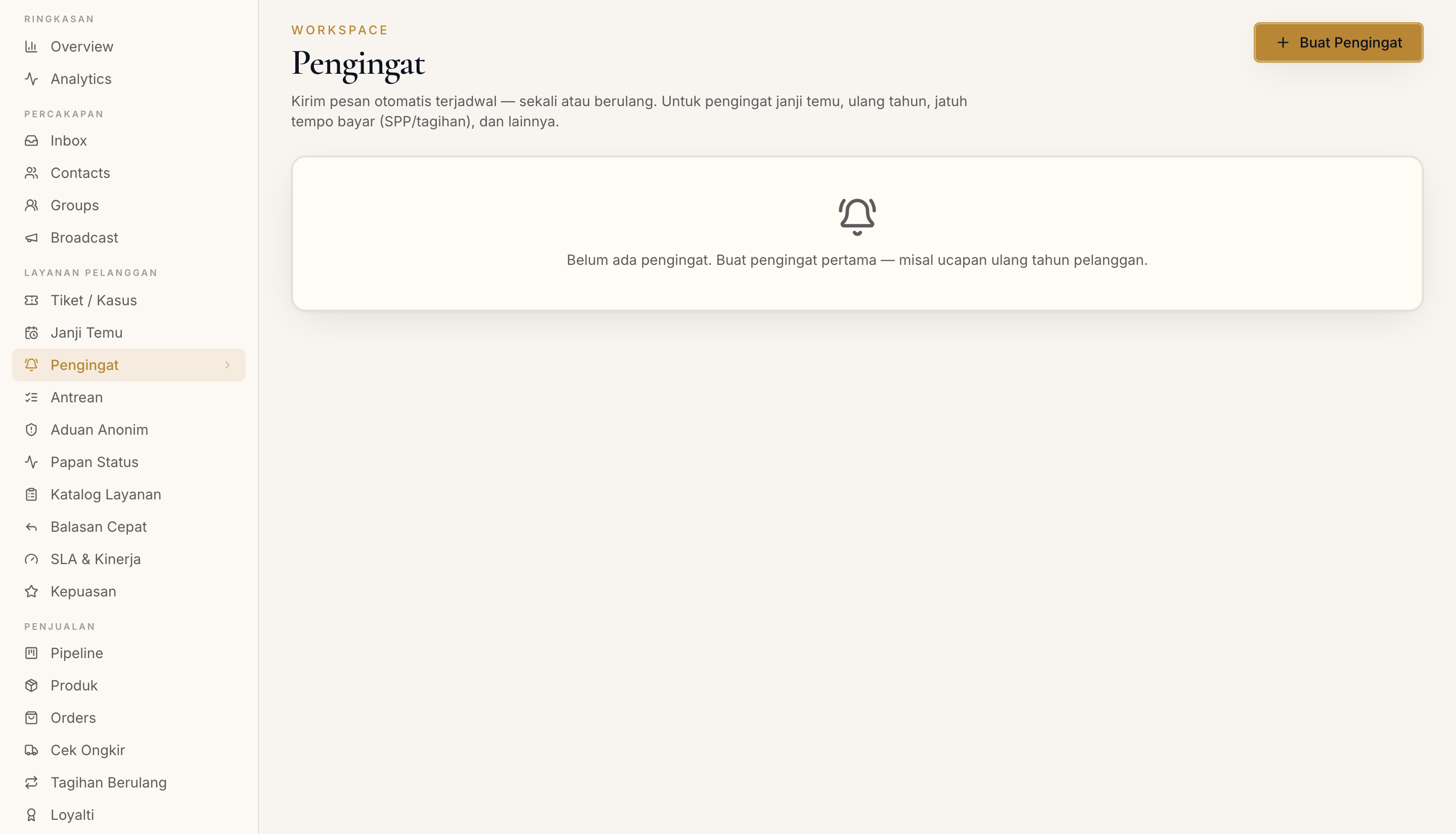 Halaman Pengingat di dashboard