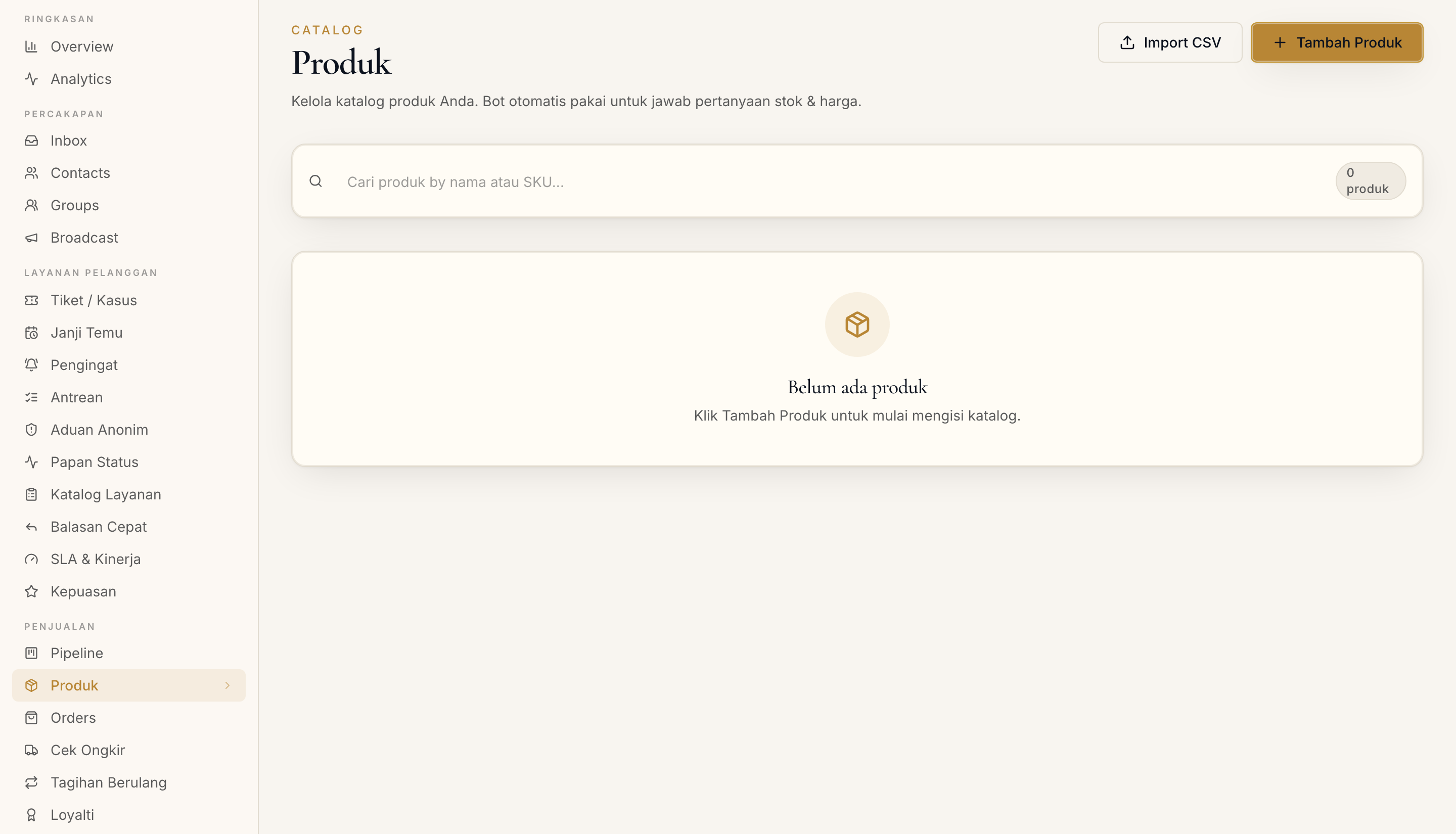 Halaman Produk di dashboard