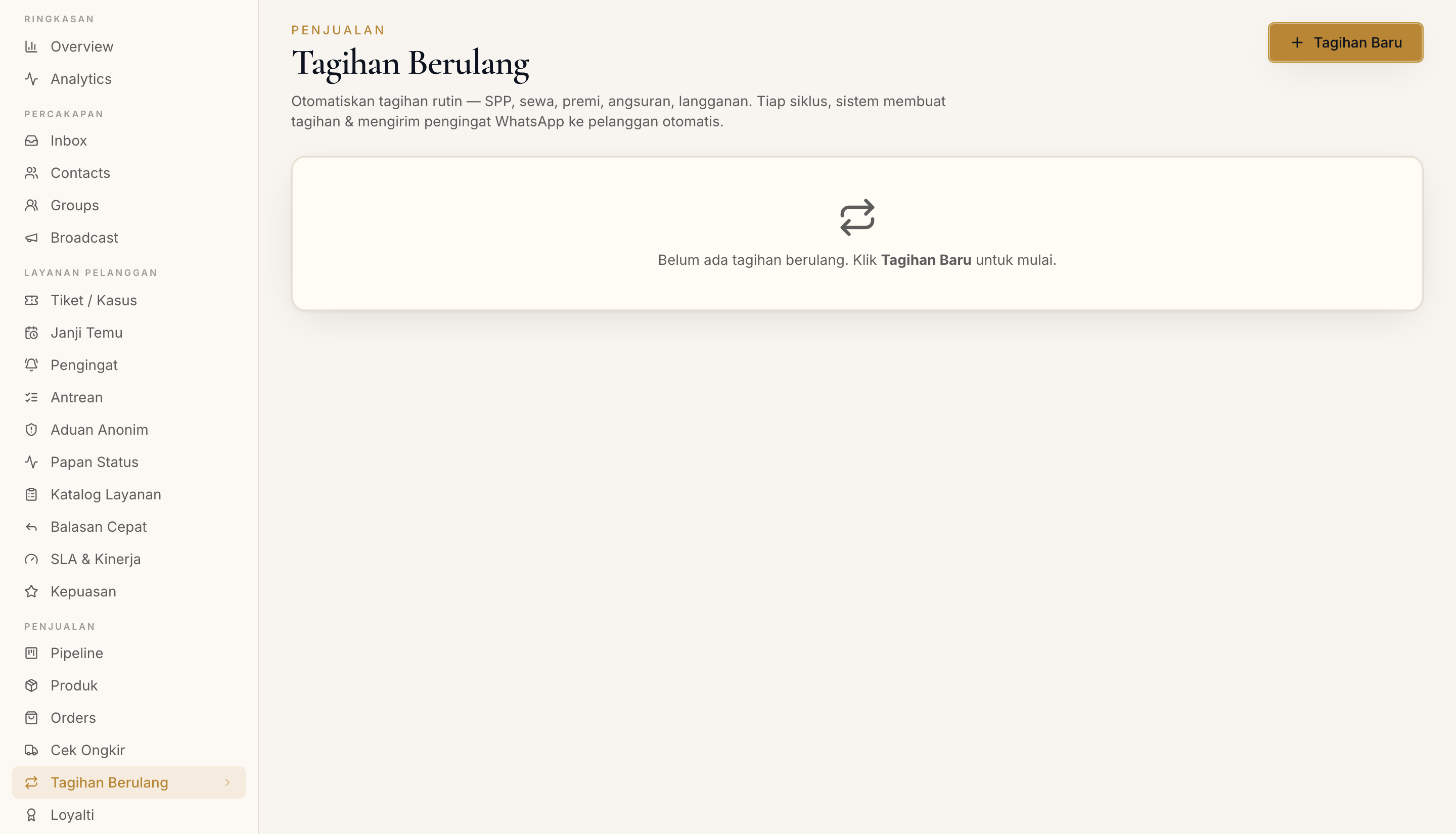 Halaman Tagihan Berulang di dashboard